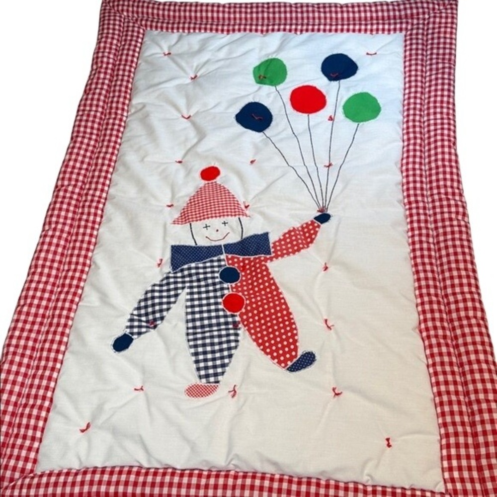 Handcrafted Quilt Clown Balloon Kids Red White Gingham Unisex Cotton 46.5"x32"